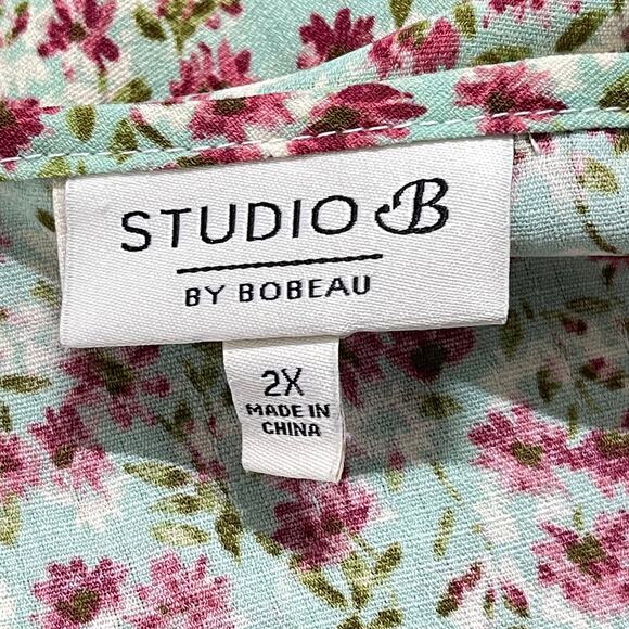 Bobeau Top Plus 2X Green Pink Floral Twist Front Cottage Fairy Short Sleeves - Picture 4 of 7